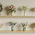 Colorful Flower Vases With Blooms On Two Rows Wooden Shelves Decorative Arrangement