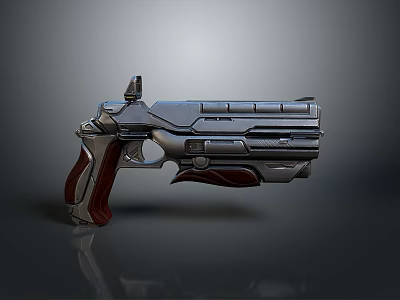 Futuristic Sci Fi Gun with Shiny Metallic Body and Red Wooden Grip Design 3d model