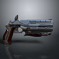 Futuristic Sci Fi Gun with Shiny Metallic Body and Red Wooden Grip Design