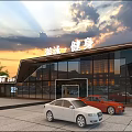 Swimming And Fitness Center Exterior With Basketball Court Soccer Field And Sunset Sky View