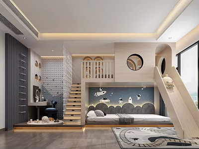 Modern Kids Room Interior Design With Bunk Bed Slide Cloud Decorations Ladder and Desk 3d model