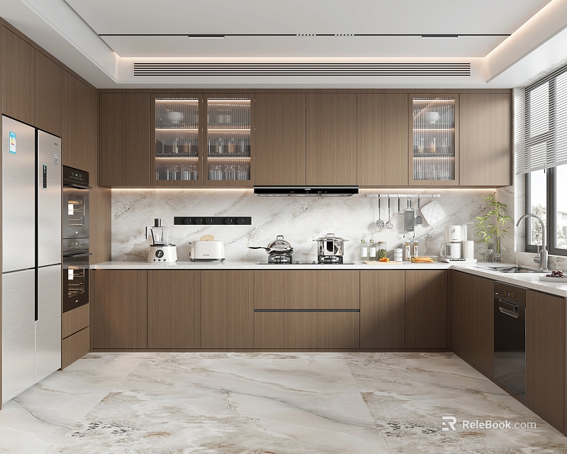 Modern Kitchen Interior With Wooden Cabinets Marble Countertops And Stainless Steel Appliances 3d model 