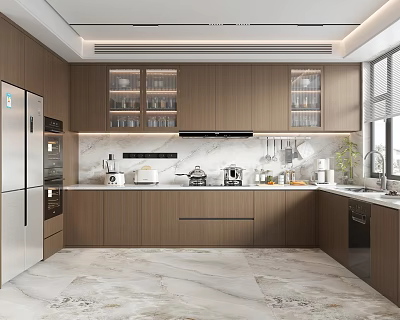 Modern Kitchen Interior With Wooden Cabinets Marble Countertops And Stainless Steel Appliances 3d model