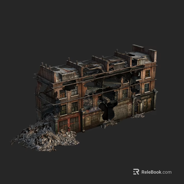 Dilapidated Multi Storey Building On Abandoned Commercial Street With Damaged Roofs Walls And Debris Piles 3d model 