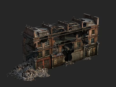 Dilapidated Multi Storey Building On Abandoned Commercial Street With Damaged Roofs Walls And Debris Piles 3d model