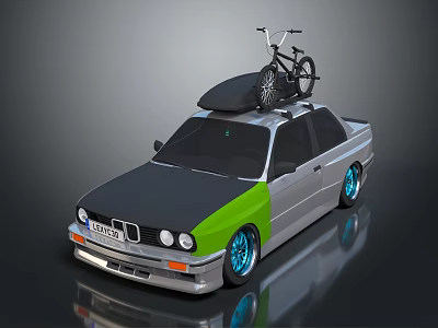 Gray And Green Sedan With Bicycle On Roof And Stylish Blue Wheels 3d model