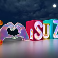 Colorful 3D Neon Letters I Love Suzhou Against Night Sky With Moon