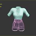 Stylish White Short Sleeve V Neck Top With Leather Belt And Dark Green Ruffled Shorts
