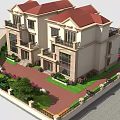 Classic Detached Villa Exterior With Red Roof Balconies Stone Walls Green Plants And Flower Shrubs