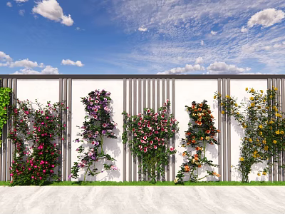 Colorful Climbing Vines With Flowers On White Slatted Vertical Wall Under Blue Sky 3d model