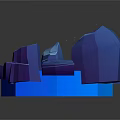Low Poly Surrounding Rocks Scene With Glowing Lotus And Blue Hexagonal Base