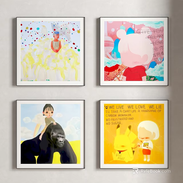 Colorful Decorative Wall Art With Cartoon Characters Girl On Gorilla And Vibrant Scenes 3d model 