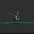 Woman Holding Long Sword In Black Outfit Standing On Green Grass With Dynamic Stance