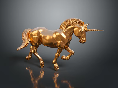 Golden Unicorn Sculpture In Running Pose With Reflection On Dark Background 3d model