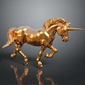 Golden Unicorn Sculpture In Running Pose With Reflection On Dark Background 3d model