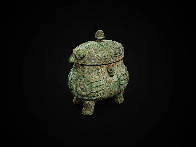 Ancient Chinese Bronze Vessel With Ornate Patterns Lid And Three Legs 3d model