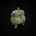 Ancient Chinese Bronze Vessel With Ornate Patterns Lid And Three Legs