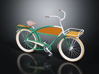 Vintage Bicycle With Green And Orange Frame White Handlebars Brown Seat And Front Basket 3d model