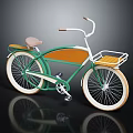 Vintage Bicycle With Green And Orange Frame White Handlebars Brown Seat And Front Basket