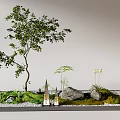 Indoor Landscape Featuring Tree Small Plants Rocks Moss And Lanterns In Rectangular Tray 3d model
