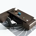 Modern Wooden Office Desk With Laptop Lamp Cup Smartphone And Leather Chair On Geometric Rug