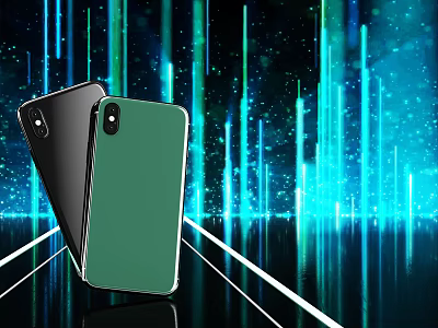 Sleek Modern Mobile Phones In Black And Green With Tech Inspired Background Design 3d model
