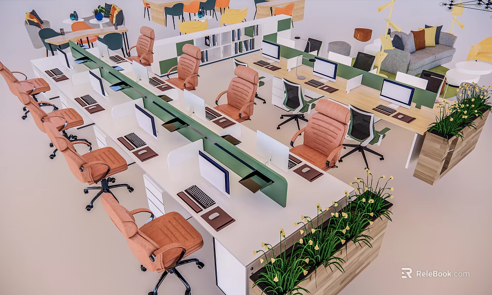 Modern Office Workspace With Office Desks Orange Chairs Computers And Green Plants 3d model 