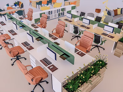 Modern Office Workspace With Office Desks Orange Chairs Computers And Green Plants 3d model