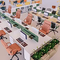 Modern Office Workspace With Office Desks Orange Chairs Computers And Green Plants
