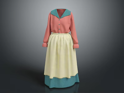 Women's Pink Long Sleeve Buttoned Top With Teal Collar And Yellow Skirt 3d model