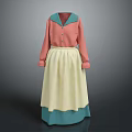 Women's Pink Long Sleeve Buttoned Top With Teal Collar And Yellow Skirt