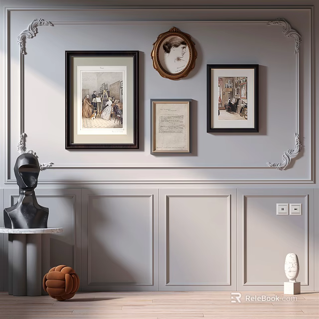 Decorative Gray Wall With Framed Artworks Round Clock And Sculpture Paneling 3d model