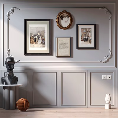 Decorative Gray Wall With Framed Artworks Round Clock And Sculpture Paneling 3d model