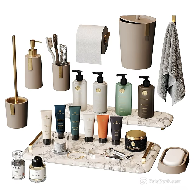 Modern Bathroom Living Essentials With Soap Dispensers Toothbrush Holder Skincare Bottles And Marble Tray 3d model 