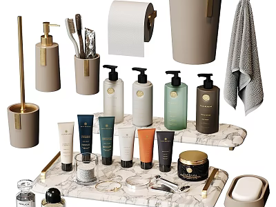 Modern Bathroom Living Essentials With Soap Dispensers Toothbrush Holder Skincare Bottles And Marble Tray 3d model