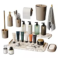 Modern Bathroom Living Essentials With Soap Dispensers Toothbrush Holder Skincare Bottles And Marble Tray