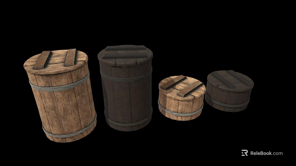 Wooden Barrels Of Various Sizes With Rope Bindings And Wooden Lids 3d model 