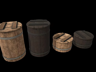 Wooden Barrels Of Various Sizes With Rope Bindings And Wooden Lids 3d model