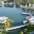 Waterfront Landscape Design With Lake Wooden Boardwalk And Lush Green Trees
