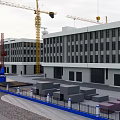 Modern Building Construction Site With Multiple Cranes Parking Lot And Road 3d model