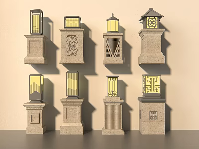 Various Designed Stone Pillar Outdoor Lights With Illuminated Warm Glow 3d model