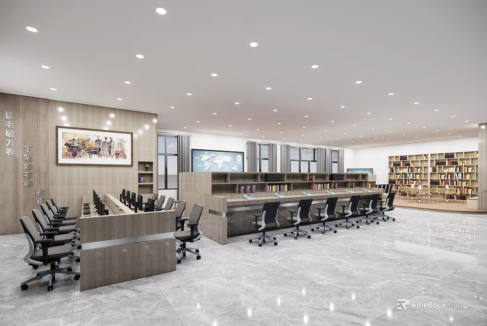 Modern Public Office Interior With Desks Office Chairs Bookshelves And Ceiling Lights 3d model 