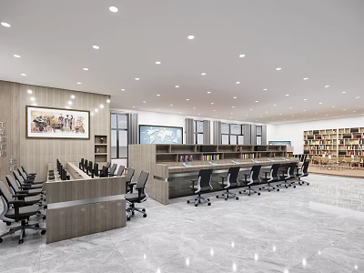 Modern Public Office Interior With Desks Office Chairs Bookshelves And Ceiling Lights 3d model