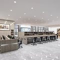 Modern Public Office Interior With Desks Office Chairs Bookshelves And Ceiling Lights