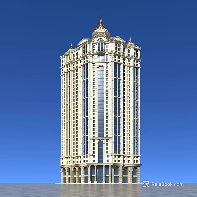 Tall Classical Hotel Building With Beige Exterior And Ornate Top Against Blue Sky 3d model 