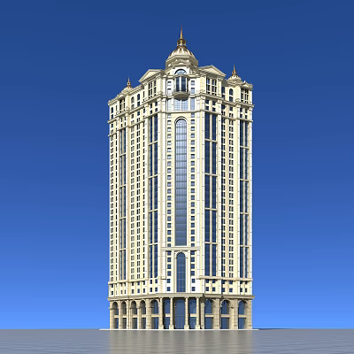 Tall Classical Hotel Building With Beige Exterior And Ornate Top Against Blue Sky 3d model
