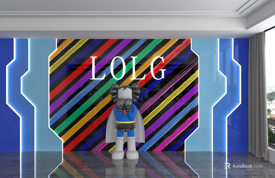 Colorful Striped Background Wall with LOLG Lettering and Cartoon Figure and Blue Glowing Border 3d model 