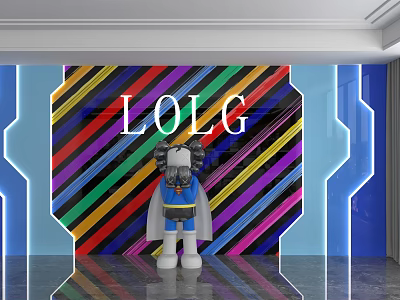 Colorful Striped Background Wall with LOLG Lettering and Cartoon Figure and Blue Glowing Border 3d model
