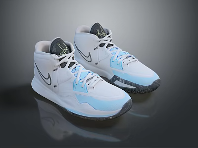 High Top Nike Sneakers in White and Light Blue with Logo Black Sole and Laces 3d model