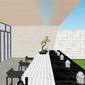 Modern Garden Landscape Design With Lush Hedge Stone Wall Lighting Trees And Water Reflection